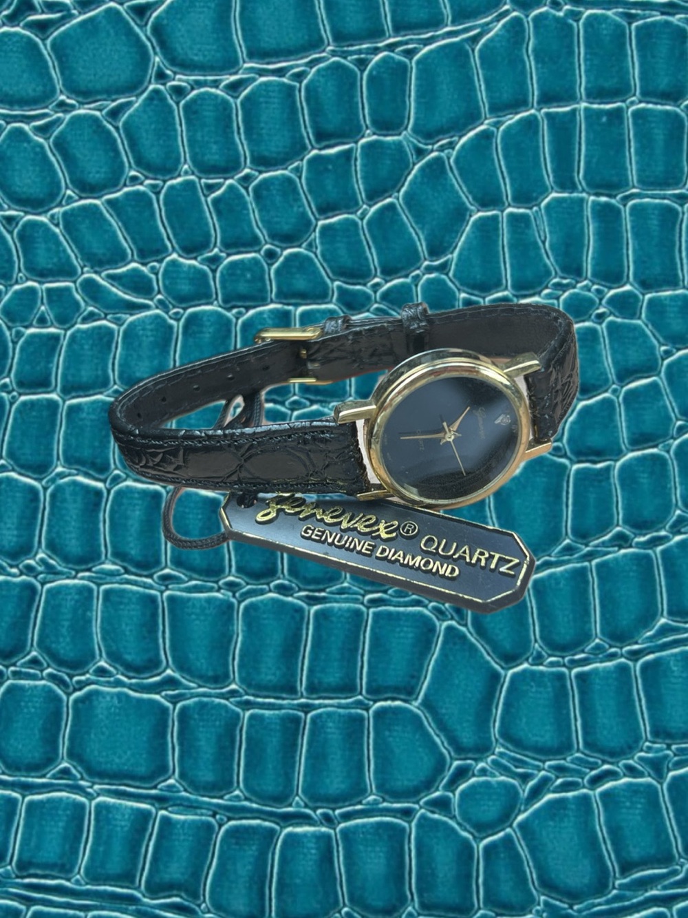 Geneva Black Strap Watch, Gold Case and Old Battery